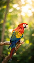 Obraz premium Vibrant Scarlet Macaw parrot perching on a wooden branch, illuminated by golden tropical sunlight in a lush jungle setting.