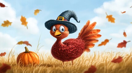 Fototapeta premium A cheerful red cartoon turkey wearing a witch's hat, standing in a golden field with autumn leaves and a pumpkin.