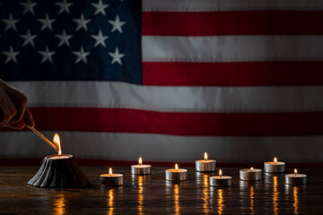 Man hand light candle for honoring and mourning with American flag background, symbolizing honor,...