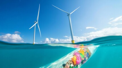 Obraz premium Offshore wind turbines with colorful marine life visible beneath the water, energy meets ecology