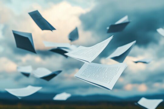 Dynamic Scene of Flying Pages Against a Dramatic Cloudy Sky Conveying Ideas, Inspiration, Freedom, and Creativity in the Air - Powered by Adobe