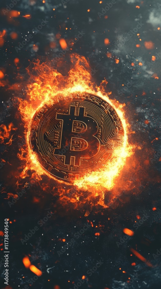 Aufkleber golden bitcoin is burning surrounded by flames on a dark background with sparks, representing the vo