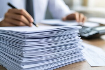 Busy Professional Reviewing Documents with Calculator at Office Desk Surrounded by Stacks of Paperwork, Illustrating Workload and Organization in Modern Work Environment