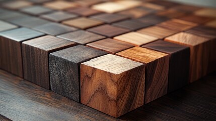 Artful arrangement of various wooden blocks showcasing texture and color diversity in unique craftsmanship. Generative AI