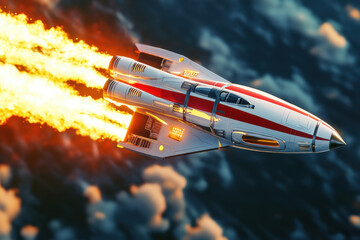 Naklejka premium Retro-style rocket with fiery trails ascending through dramatic cloud layers
