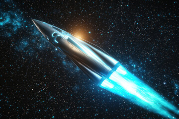 Futuristic rocketship glowing with blue engines speeding through deep space