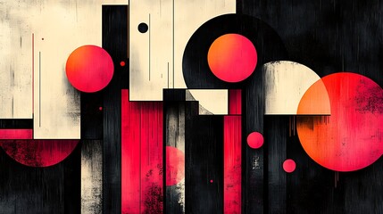 Abstract Geometric Artwork with Red and Black Circles