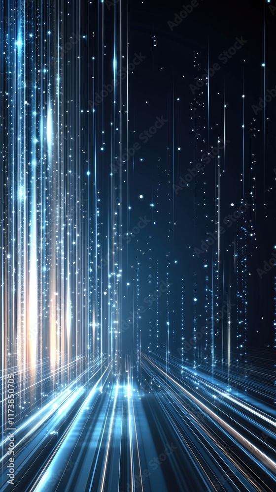 Poster illustration of digital data transfer with binary code and glowing dots, featuring a cyber tech them