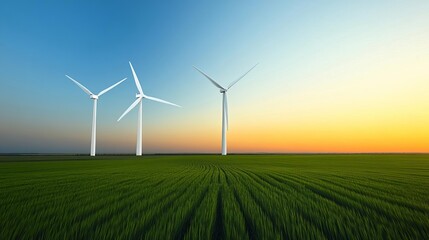 Fototapeta premium Wind turbines in a grassy field during sunset, idyllic countryside energy
