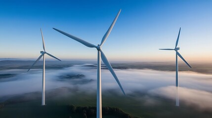 Fototapeta premium Wind turbines in a misty valley at sunrise, casting long shadows over the land