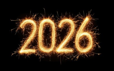 Happy New Year 2026 Written with Sparklers on Black Background