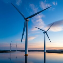 Fototapeta premium Wind turbines in a reflective lake at sunrise, peaceful and picturesque