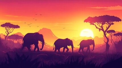 Fototapeta premium Animals Walking at Sunset on a Hilltop