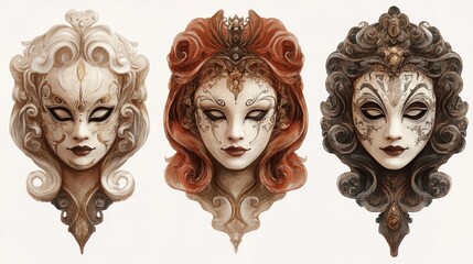 Three elegant Venetian masks with ornate designs and unique hairstyles. Ideal for masquerade ball invitations, theatrical posters, or fantasy art projects.