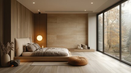 Elegant minimalist bedroom with large windows and natural light near a serene outdoor view during the day. Generative AI