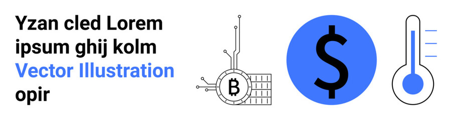 Naklejka premium Abstract Bitcoin circuit, dollar symbol, and thermometer. Ideal for finance, technology, cryptocurrency, digital trends, business analytics, fintech, and economic presentations. Landing page