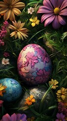 Fototapeta premium Colorful decorative eggs nestled among vibrant flowers and greenery.