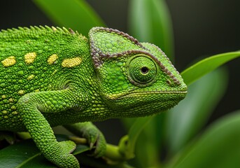 Detailed close-up macro portrait of a vibrant green chameleon with yellow spots, showcasing skin texture, perched on dark tropical foliage. Exotic reptile wildlife photography.