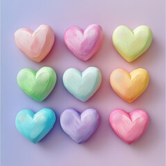 Fototapeta premium Colorful hearts in pastel shades arranged in a grid format, symbolizing love, joy, and creativity. Valentine's day