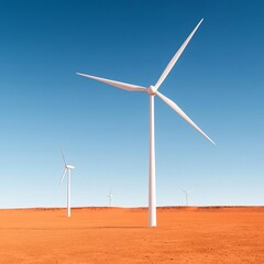 Fototapeta premium Wind turbines on the horizon of a Martian-like red desert, sci-fi renewable energy
