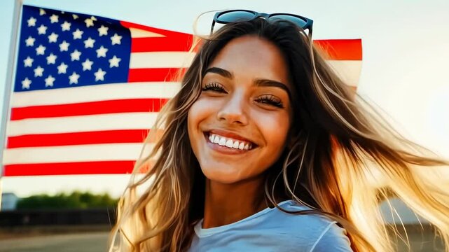 A young Caucasian woman with long, wavy hair beams with joy in front of large American flags during sunset. The scene radiates happiness and patriotism, embodying pride and freedom.