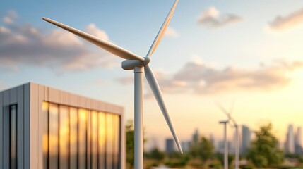 Fototapeta premium Wind turbines spinning over a modern urban park, blending city and sustainability