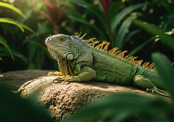 Obraz premium Close-up portrait of a majestic Green Iguana (Iguana iguana) basking on a sunlit rock amidst lush tropical jungle foliage, showcasing scales and prominent dorsal crest.
