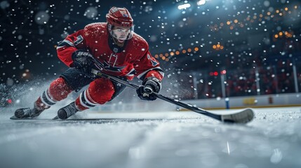 A hockey player glides on ice, skillfully controlling the puck in motion.