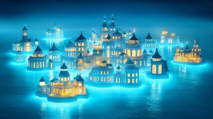Naklejka premium A stunning illuminated island cityscape at night with blue glow.