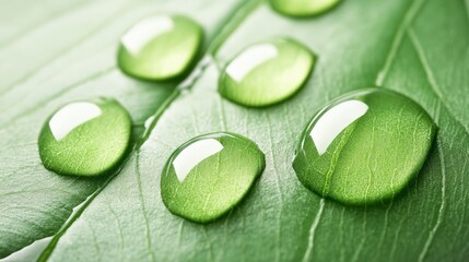 Glistening water droplets sparkle on vibrant green leaves, representing purity and the beauty of nature while highlighting the significance of environmental sustainability and ecological balance