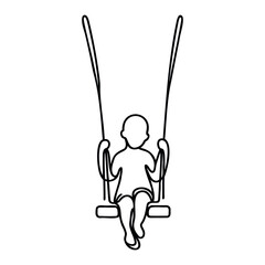 Child on swing in continuous line drawing style isolated on white background. Vector illustration