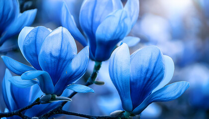 magnolia flowers close up in blue colors