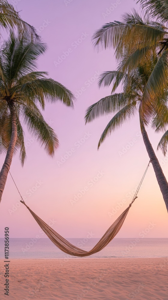 Poster Empty hammock swaying gently between two palm trees on a tropical beach, capturing the essence of relaxation during a stunning sunset, creating an idyllic vacation atmosphere