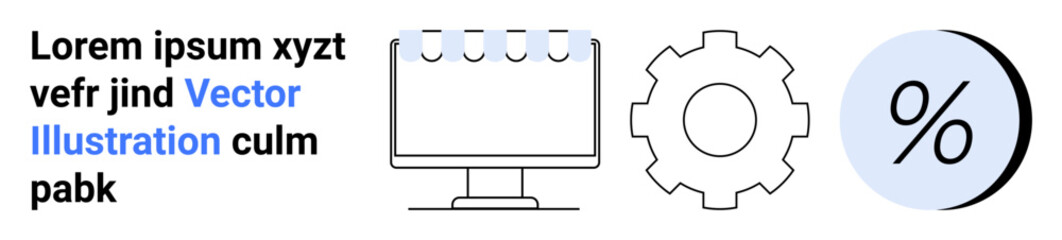 Gear, monitor with chart, and percentage symbol. Ideal for business presentations, technical projects, data analysis, web design, multimedia, educational content, corporate branding. Landing page