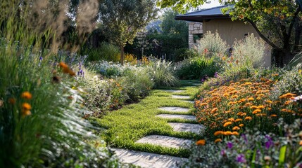 Colorful Flower Garden Pathway Leads to Cozy Home Under Clear Sky in Late Afternoon Sunshine With Lush Greenery