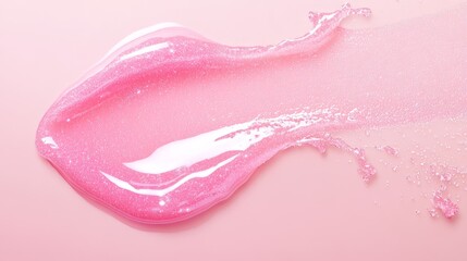 Fototapeta premium Pink shimmering cosmetic product smear or swatch with glitter on a pink background creating a beautiful and textured abstract design, ideal for beauty and makeup related themes