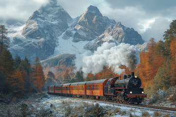 Obraz premium Photo réaliste professionnelle d’un vieux train à vapeur arrivant à une charmante gare de montagne, entourée de cimes enneigées et de forêts luxuriantes