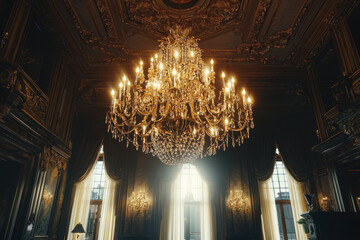Obraz premium Luxurious chandelier lighting up a grand hall with intricate gold designs and elegant ambiance