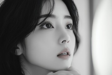 Sleepless Asian woman looking her face in the mirror and worry about dark circles under eyes Generative AI