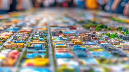 Obraz premium A detailed model of a city layout showcasing buildings, roads, and greenery.