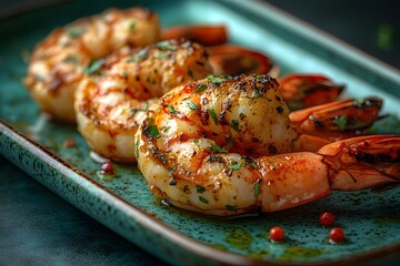 Grilled Shrimp with Herbs on Ceramic Plate - Perfect for Culinary Art and Gastronomy Displays