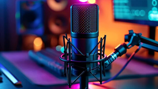 A mini desktop microphone designed for gaming and live streaming sits on a vibrant workspace, surrounded by colorful lights and a computer setup, creating an engaging environment for content creation
