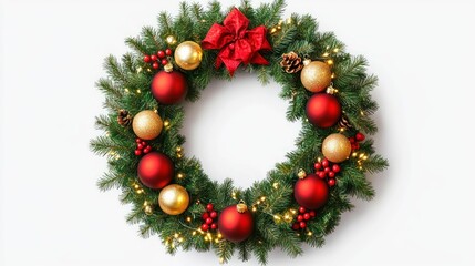 A festive Christmas wreath adorned with red and gold ornaments, pine cones, berries, and warm LED lights. Perfect for front doors or holiday decor.