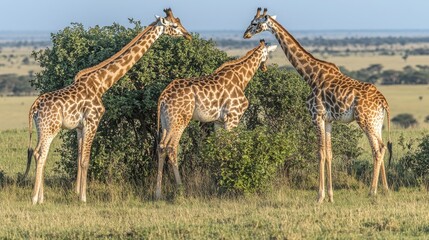 Obraz premium Giraffes Reaching for Acacia Leaves at Golden Hour