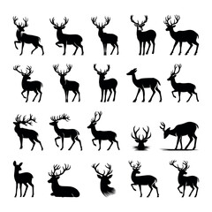Set of deer silhouettes. Black and White Silhouettes. Collection of Different Deer Poses. Set of wild deer silhouettes in flat style. set of silhouettes of reindeer. male and female deer isolated © Iraxbd