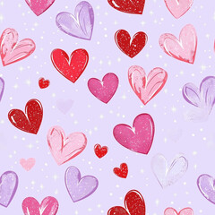 Valentine's Day Seamless Pattern – Cute Pink, Red, and Purple Hearts on Light Purple Background with Glitter Sparkles, Perfect for Gift Wrapping, Craft Projects, and Digital Prints