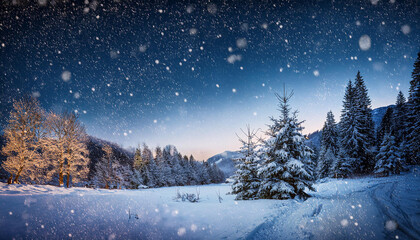 weihnachten winterlandschaft in der nacht mit schneefall und lichtern