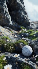 A textured egg rests on rocky terrain surrounded by grass and daisies under a cloudy sky.