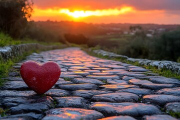 Fototapeta premium Romantic Heart Symbol on Cobblestone Path at Sunset Ideal for Love-Themed Designs and Greetings