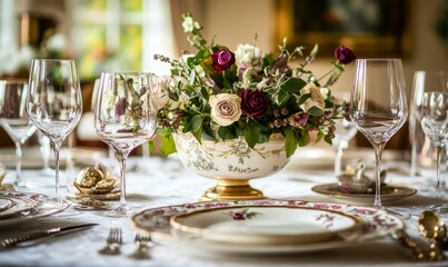 Elegant table setting with floral centerpiece, glassware, and ornate plates.